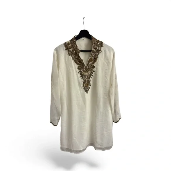 Elegant White and Gold Embroidered Women's Traditional Top - Picture 2 of 8